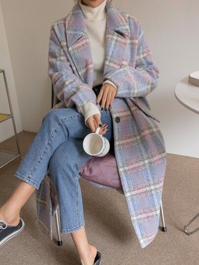 Pastel Plaid, Stylish Suit, Mode Abaya, Women Overcoat, Long Trench, Oversized Coat, Dressy Casual, Winter Fashion Outfits, Preppy Outfits