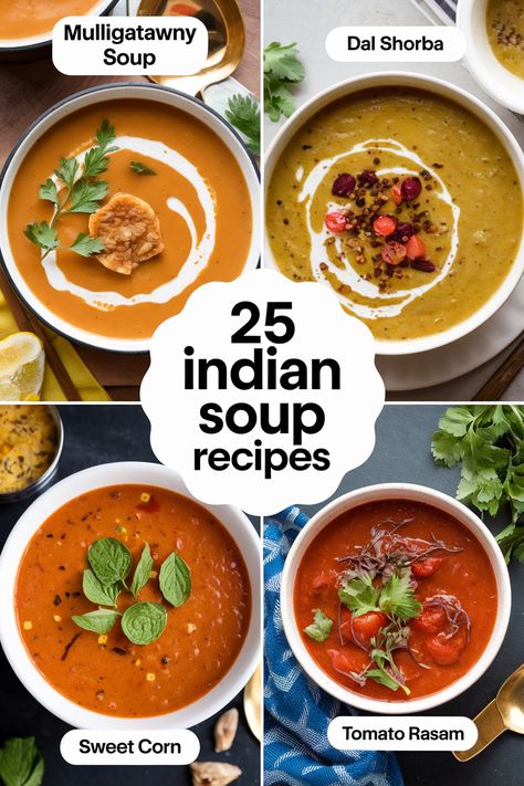 Looking for flavorful and healthy soup recipes? Explore these 25 easy-to-make Indian soup recipes! From classic rasam and tomato shorba to comforting lentil soups, discover a world of flavor and warmth. Explore healthy options like lentil soups and traditional favorites with curry leaves, turmeric, ginger, and garlic. Indian Pumpkin Soup, Daal Soup Recipe Indian, Indian Curry Soup, Indian Soup Recipes, Red Lentil Curry Soup, Indian Lentil Soup, Lentil Soups, Curry Soup Recipes, Tomato Rasam