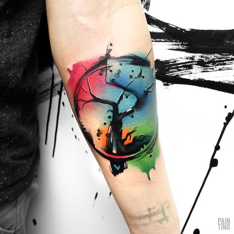 Colourful Tattoo Ideas For Men, Small Color Tattoo For Men, Color Tattoo For Men Arm, Colour Splash Tattoo, Watercolor Tattoo Men, Ismail Abi, Protector Tattoo, Splash Tattoo, Owl Tattoo Chest