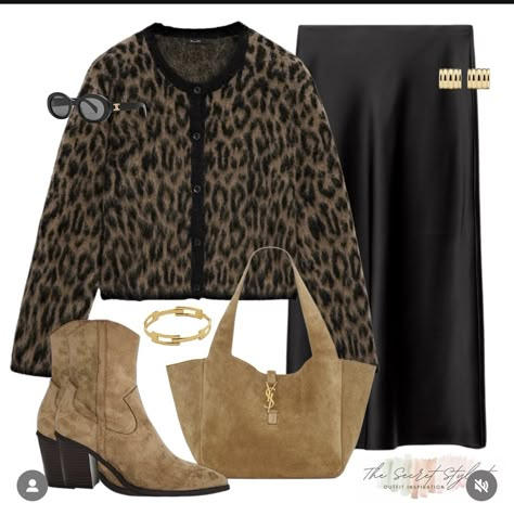 Luxury Leopard Print Outerwear For Fall, Leopard Print Cardigan Outfit, Trendy Leopard Print Winter Outerwear, Y2k Beige, Elegant Winter Leopard Print Outerwear, Chic Fall Leopard Print Cardigan, Luxury Fitted Leopard Print Outerwear, Satin Skirts, Cowboy Ankle Boots