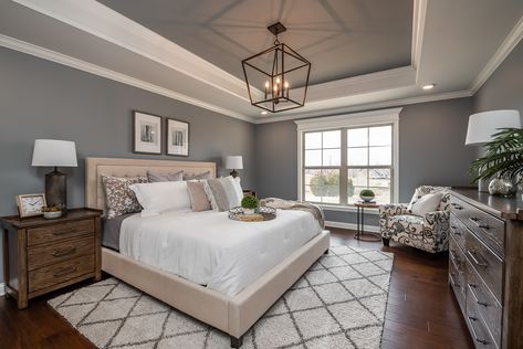 Modern Bedroom Master Suite Paint Colors, Tray Ceiling Ideas Entryway, Bedroom With Recessed Ceiling, Vaulted Ceiling Bedroom Paint, Modern Farmhouse Bedrooms Master Suite, Relaxing Master Bedrooms Decor Inspiration, Trace Ceiling Bedroom, Recessed Ceiling Ideas Master Bedrooms, Vaulted Tray Ceiling Bedroom