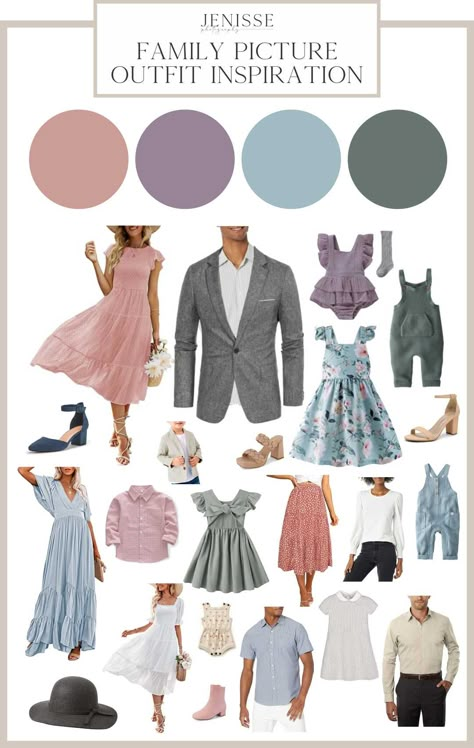 Spring Family Photoshoot Outfits 2023, Easter Picture Outfits Family, Spring Photo Shoot Color Schemes, Spring Wedding Family Outfits, Spring Family Pics Color Schemes, Family Photo Outfits Pastel Colors, Spring Family Picture Color Palette, Dusty Purple Family Photos, Purple And Green Family Pictures