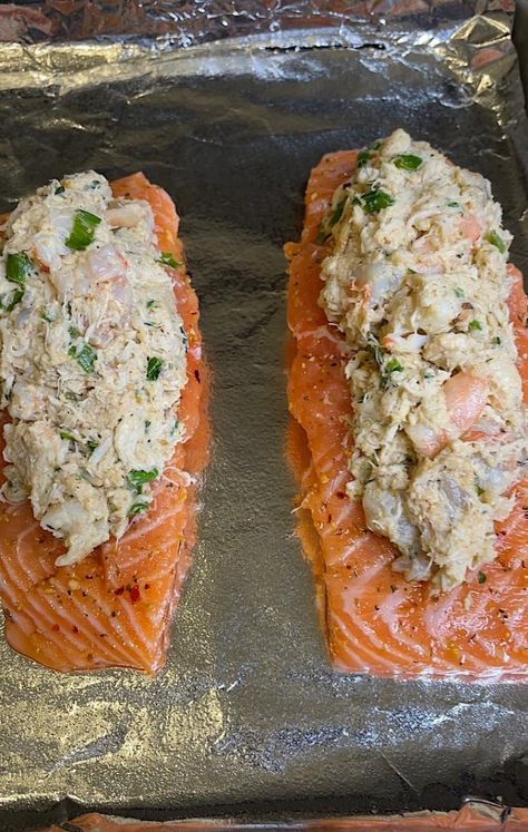 Shrimp & Crab Stuffed Salmon - Yel's Kitchen Stuff Salmon With Shrimp, Salmon Topped With Crab Meat And Shrimp, Stuffed Salmon Recipes Baked Crab Meat, Cedar Plank Crab Stuffed Salmon, Stuffed Salmon With Shrimp, Stuff Salmon With Crab Meat And Shrimp, Seafood Stuffed Salmon Recipes, Stuff Salmon With Spinach And Shrimp, Shrimp Stuffed Fish