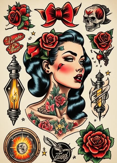 I will create flash sheet traditional tattoos, #tattoos, #Sponsored, #traditional, #sheet, #ad Retro Tattoos Vintage, Traditional Mexican Tattoo Ideas, Old School Tattoo Design Traditional Styles Flash Art, Traditional Style Shoulder Tattoo, 1940s Tattoos, Girly Pinup Tattoo, Pin Up Tattoos Traditional, Neo Traditional Flash Sheet, Traditional Pin Up Girl Tattoos