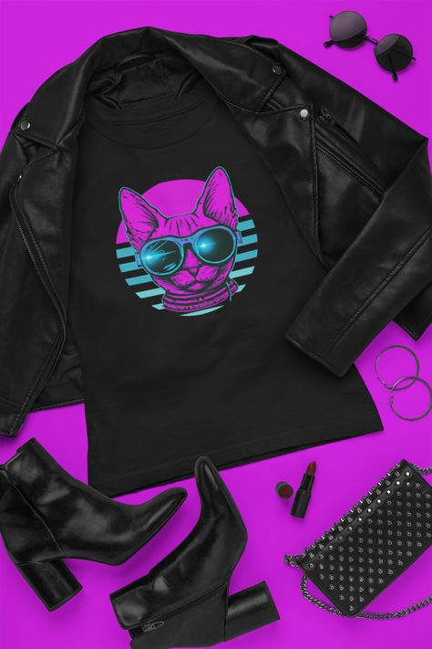 Retro Synthwave, Synthwave Aesthetic, Animal T Shirt, Sunset Shirt, T Shirt Printer, Artist Branding, Aesthetic T Shirts, Retro Cats, Animal Tshirt