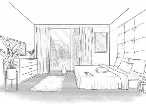 How To Draw A Bed In One Point Perspective, Perspective Drawing Room Interior Design, 1 Point Perspective Interior Design, Bedroom In One Point Perspective, 1point Perspective Drawing Room, 1 Perspective Room, Interior Design One Point Perspective, How To Draw Room Design, One Way Perspective Drawing