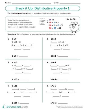 Multiplying large numbers can be intimidating, but it doesn't have to be! The distributive property is a great tool to help with mental math and simplifying larger multiplication problems. Use this scaffolded resource with your students as an introduction to the distributive property. #educationdotcom Multiplication Distributive Property, Distributive Property Of Multiplication 3rd Grade, Properties Of Multiplication 3rd Grade, Distributive Property 3rd Grade, Morning Sheets, Distributive Property Of Multiplication, Math Properties, Third Grade Math Worksheets, Money Word Problems