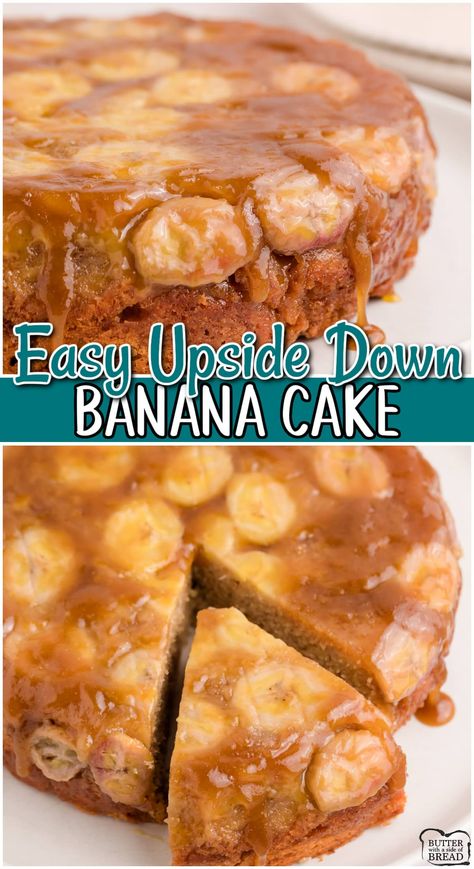 Upside Banana Cake, Up Side Down Banana Cake, Uses For Old Bananas Recipes, Banana Bread Upside Down Cake, Fun Banana Recipes, Banana Deserts Easy, Cakes With Bananas, Banana Upside Down Cake With Box Cake, Banana Upside Down Bundt Cake