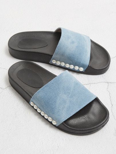 Faux Pearl Detail Denim Flat Sliders -SheIn(Sheinside) Denim Flats, Boho Jeans, Home Slippers, Glass Slipper, Earrings Studs, Crochet Slippers, Denim Details, Slipper Socks, Slipper Shoes