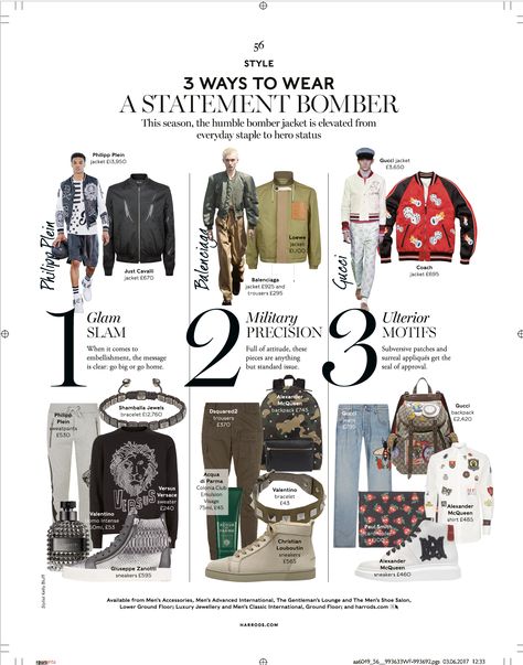 Harrods Magazine April Menswear Style Page {3 Ways to Wear a Statement Bomber} Magazine List Design, Magazine Outfit Layout, Collage Magazine Layout, Fashion Magazine Layouts, Magazine Page Design, Magazine Page Layouts, Ootd Magazine, Fashion Trends Magazine, Lookbook Layout