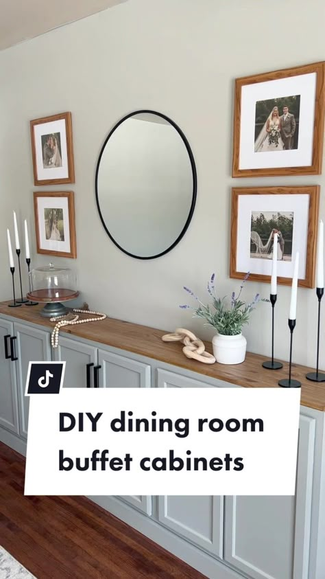 Dining Wall Storage Ideas, Dining Room Side Cabinet, Built In Sideboard Dining Room Diy, Kitchen Sideboard With Storage, Dining Room Sideboard With Shelves Above, Shallow Dining Room Built Ins, Storage Cabinets For Dining Room, Sideboard From Stock Cabinets, Diy Side Board Buffet