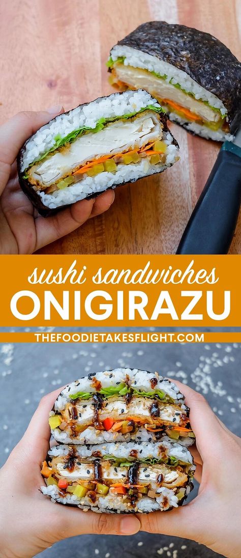 Vegan Tofu “Katsu” Sushi Sandwiches (Onigirazu) and Rolls – The Foodie Takes Flight Sushi Sandwiches, Tofu Katsu, Tofu Sushi, Yaki Onigiri, Katsu Recipes, Dessert Chef, Cooking Vegan, Bento Ideas, Vegan Tofu