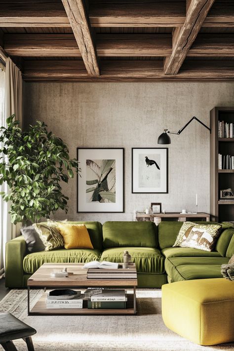 Transform your space with this vibrant living room decor. The bold green sofa and natural wood elements create a warm, inviting atmosphere. Perfect for relaxation and style. #InteriorDesign #HomeDecor #LivingRoomDecor Living Room Designs Green Sofa, Green Sofa Aesthetic, Living Room Design Green, Green Velvet Sofa Living Room, Jungalow Decor, Cozy Setup, Green Couch Living Room, Green Sofa Living Room, Cozy Living Room Decor