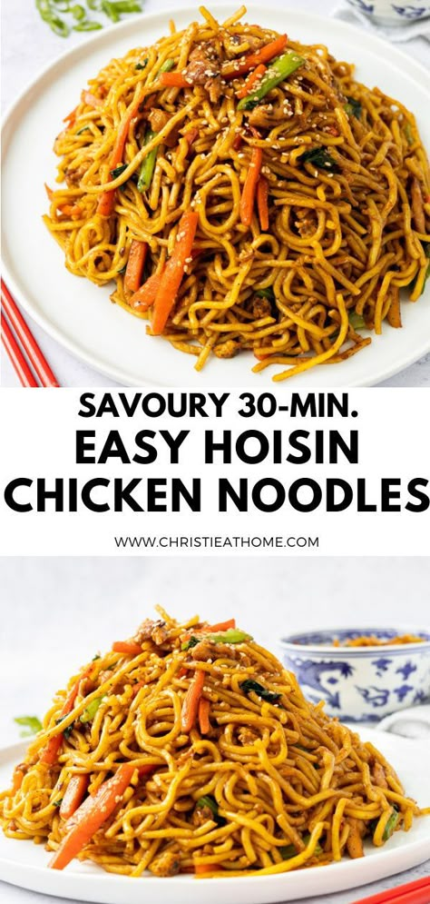 Hoisin Chicken Noodle Stir Fry. Thick yellow noodles covered in a glossy savoury sweet sauce accompanied with tender flavourful chicken and greens. A delicious, easy, quick meal for dinner or lunch. Scrumptious with every bite! Ready in just 30 minutes. #recipes #chickenand #homemade #garlic #noodles #noodlerecipe #asian #chinese #chinesefood #asianrecipes #chinesefoodrecipes #noodledinnerideas #easynoodlerecipes #chinesenoodlerecipes Asian Pasta Sauce Recipes, Hoisin Noodle Recipes, Chew Main Noodles, Hoisin Chicken Noodles, Noodles With Hoisin Sauce, Sweet Noodle Recipes, Hoisin Noodles Stir Fry, Hoisin Stir Fry Sauce, Yellow Noodles Recipe