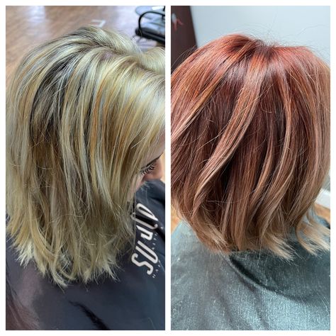 Copper red roots faded to blonde ends angled bob Blonde To Copper, Red Roots, Blonde Ends, Tan Skin Blonde Hair, Angled Bob, Copper Red, Hair Ideas, Blonde Hair, Maine