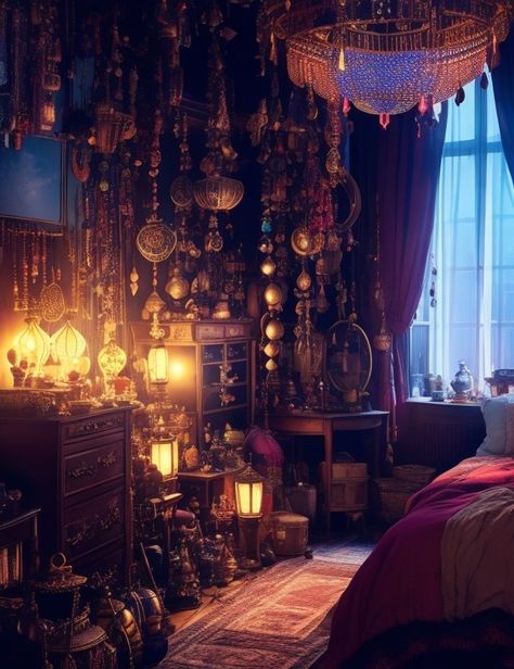 Jester Room Aesthetic, Whimsical Wizard Aesthetic, Moroccan Decor Aesthetic, Wizard Home Aesthetic, Whimsical Gothic Decor Bedroom, Wizard Interior, Halloween Maximalism, Howls Moving Castle Bedroom Aesthetic, Howls Room Aesthetic