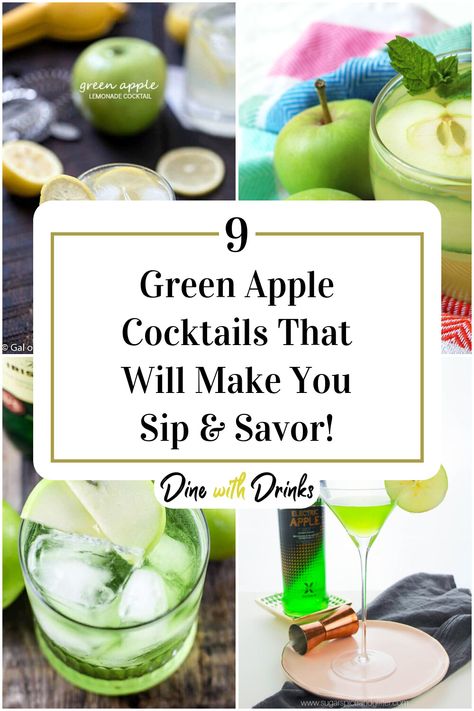 Collage of 4 green apple cocktails. Sour Green Apple Cocktail, Drinks With Sour Apple Pucker, Green Apple Schnapps Drinks, Green Apple Cocktail Recipes, Green Apple Vodka Cocktails, Sour Apple Schnapps Drinks, Green Apple Alcohol Drinks, Green Apple Drinks Alcohol, Green Apple Vodka Drinks