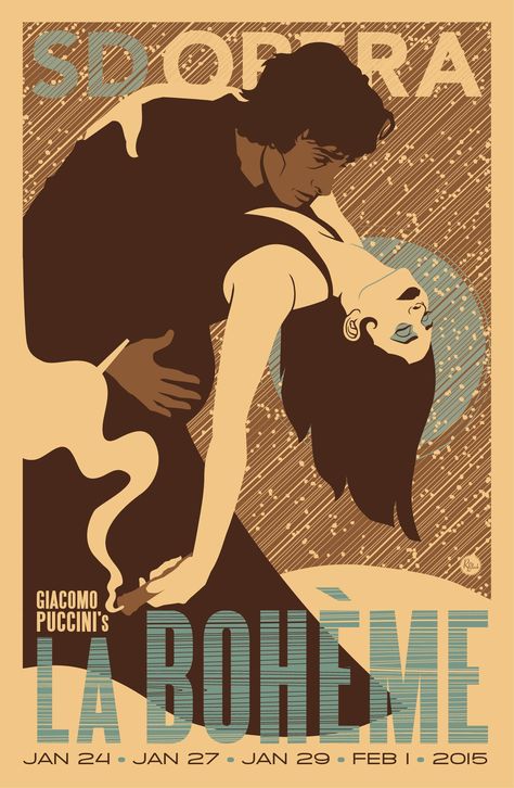 Puccini's La Boheme poster from the San Diego Opera Puccini Opera, Advertising Poster, Poster Vintage, Arte Floral, Popular Culture, Vintage Bohemian, Vintage Poster, Young Artist, Retro Poster