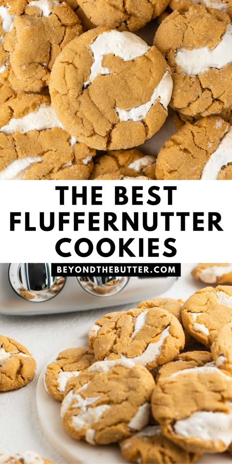 These soft and chewy Fluffernutter Cookies are a delicious treat that combines a peanut butter base, and gooey marshmallow fluff, with crackly, sparkly tops. They're a spin on the classic sandwich that is sure to please any sweet tooth! Find the full recipe on BeyondtheButter.com. Fluffernutter Cookies, Brownie Vegan, Sparkly Tops, Peanut Butter Marshmallow, Fluff Recipe, Classic Sandwich, Lost 100 Pounds, Peanut Butter Cookie Recipe, Marshmallow Fluff