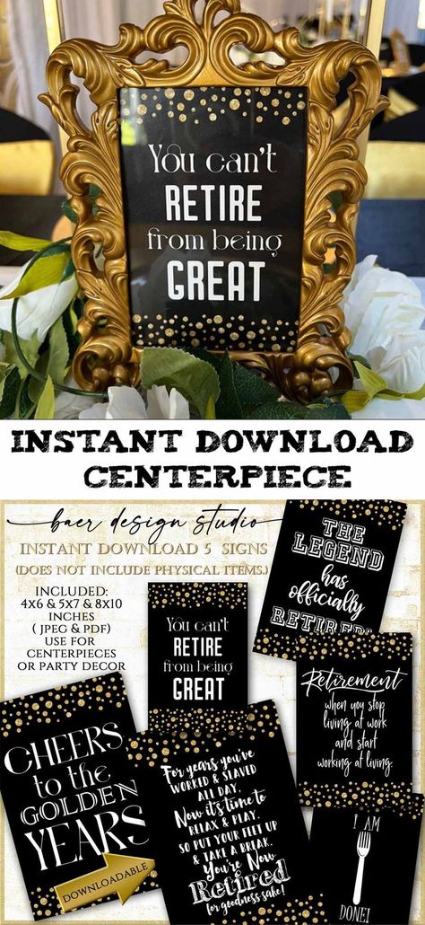 Centerpieces Black And Gold, Retirement Cards For Men, Black And Gold Retirement Party, Party Themes College, Graduation Menu, Retirement Party Centerpieces, College Party Themes, Party Themes For Women, Mini Wine Bottle Favors