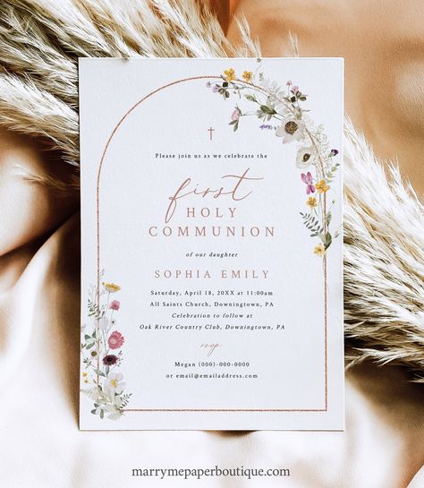 First Communion Invitation Template, Rustic Wildflowers Arch, First Holy Communion Invite Card, Editable, 5x7, Templett INSTANT Download Flowers Arch, Holy Communion Invitations, Invite Card, First Communion Invitations, Communion Invitations, Arch Design, Flower Graphic, First Holy Communion, Invitation Sizes