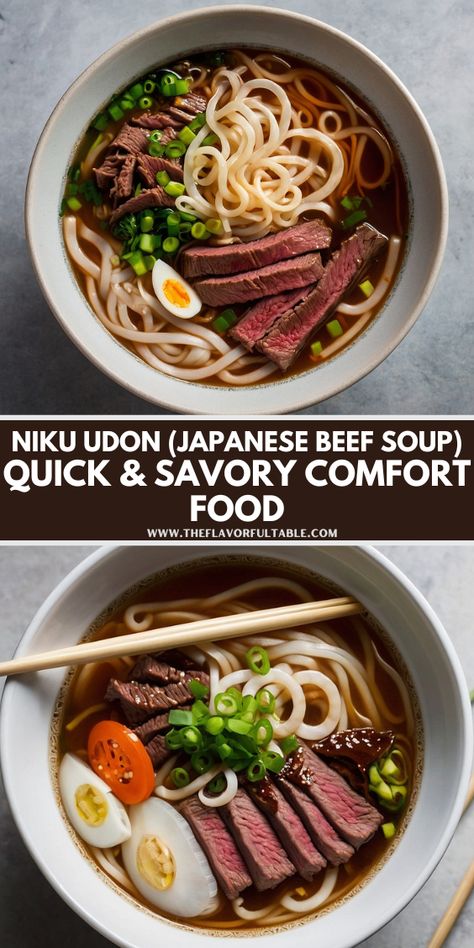 This Japanese Niku Udon soup will become your go-to comfort food. Enjoy a rich and savory dashi broth with perfectly cooked beef and fresh udon noodles. A must-try recipe! #NikuUdon #JapaneseSoupRecipe #QuickDinnerIdeas Fun Beef Dinner Ideas, Japanese Food Udon, Beef Udon Noodles Soup, Udon Broth Recipe, Udon Soup Recipe Easy, Japanese Broth Soup Recipe, Creamy Udon Noodles, Japanese Udon Noodle Recipe, Udon Soup Broth