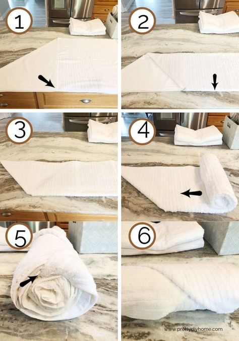 How to Roll Towels to Save Space and Organize - Pretty DIY Home How To Roll Towels For Display, How To Roll A Blanket, Roll Bath Towels, Fold Towels To Save Space, Gross Toilet, How To Roll Bath Towels, Roll Towels, Toilet Stains, Fold Towels