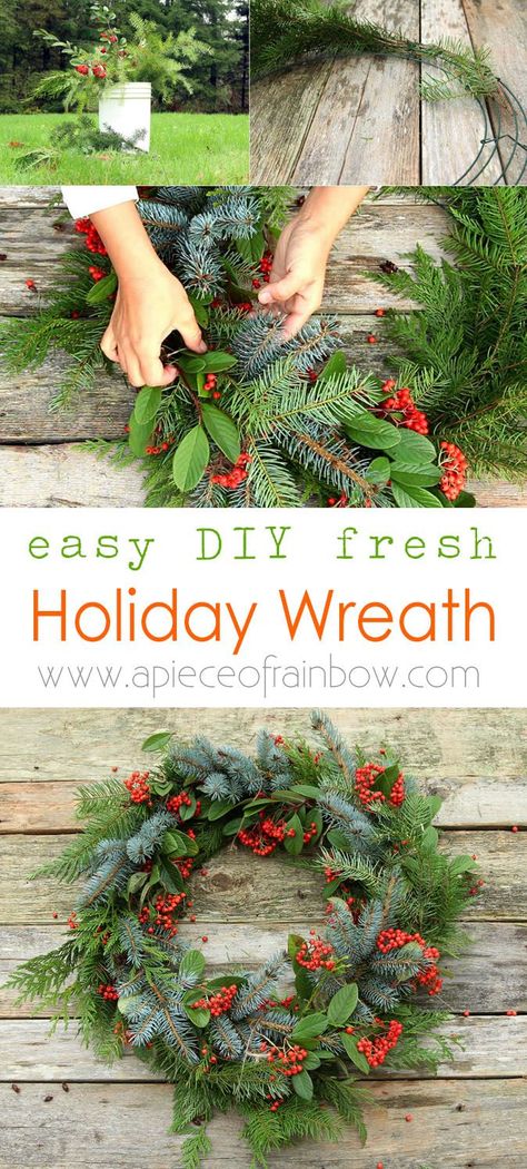 Make a beautiful Christmas wreath using fresh evergreen cuttings in 20 minutes! Looks great year round. Detailed tutorial and video! - A Piece Of Rainbow Fresh Christmas Wreath, Fresh Wreath, Rainbow Diy, Diy Christmas Wreaths, Rainbows Christmas, Christmas Decorations Wreaths, Wreaths Ideas, Christmas Wreaths To Make, Xmas Wreaths