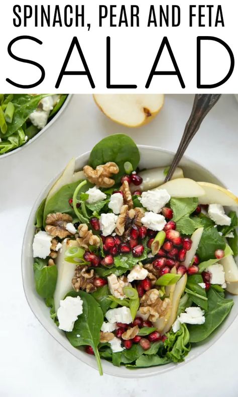 Spinach, Pear, and Feta Salad with Walnuts and Pomegranate Arils. Ready in just 5 minutes, this salad is easy, delicious, and perfectly suited for any holiday or occasion. #salad #pomegranatearils #sidesalad #glutenfree #healthyrecipe #pearsalad #lowcarb #fetacheese Salad With Walnuts, Salad With Pomegranate, Pear Salad Recipes, Feta Salad Recipe, Sliced Pears, Pear Salad, Walnut Salad, Homemade Salads, Homemade Salad Dressing