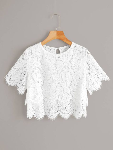 Scallop Hem, Lace Crop Tops, Crop Blouse, White Blouse, Sheer Fabrics, Lace Blouse, Women Lace, Lace Tops, Lace Fabric