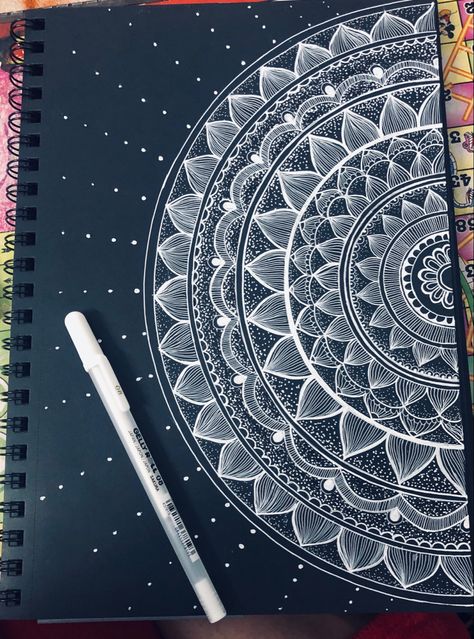 Mandala art / pattern in white color and black background Mandala On Black Background, Still Life Pencil Shading, Mandala Art Pattern, Outer Pattern, File Decoration, Color Mandala, Drawing Kits, File Decoration Ideas, Zentangle Pattern