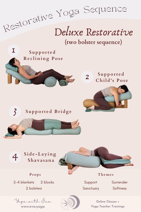 My favourite sequence using TWO bolsters and plenty of restorative yoga props Restorative Yoga With Props, Prenatal Restorative Yoga, Prenatal Yin Yoga, Restorative Yoga Poses With Props, Yin Yoga Poses With Props, Yin Yoga Bolster, Yoga Restorative Poses, Full Moon Restorative Yoga, Yin Yoga With Bolster