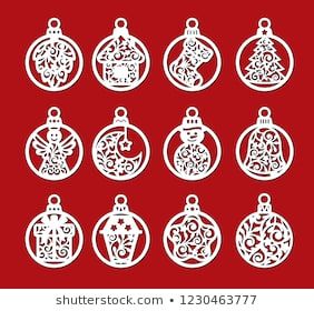 Set of laser cut template of Christmas balls with angel, bell, snowman, sock, gift. Xmas tree decoration for paper cutout. Openwork silhouette with lace ornament. Vector illustration on red background Free Printable Sewing Patterns, Paper Cutouts, Printable Sewing Patterns, Laser Cutout, Christmas Tree Decorations Diy, Christmas Stencils, Xmas Tree Decorations, 3d Christmas, Christmas Templates