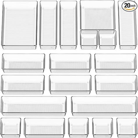 Amazon.com: Simple Houseware 20-Pack Clear Plastic Drawer Organizers (6S, 7M, 5L, 1 XL, 1XXL) : Office Products Craft Drawers, Hanging Bras, Kitchen Junk Drawer, Storage For Makeup, Acrylic Drawer Organizer, Closet Desk, Makeup Bathroom, Clothes Drawer Organization, Plastic Drawer Organizer