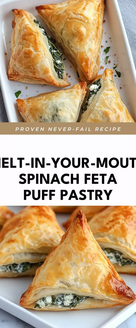 Image for Melt-in-Your-Mouth Spinach Feta Puff Pastry Spinach Puffs Recipe Easy, Phyllo Dough Spinach Artichoke, Spinach And Feta Pastry Filo, Phylo Pastry Spinach, Spinach And Feta Puffs, Spinach Puffs Kronk, Feta Cheese Puff Pastry Recipes, Puff Pastry Spanakopita Recipe, Spinach Filling Recipes