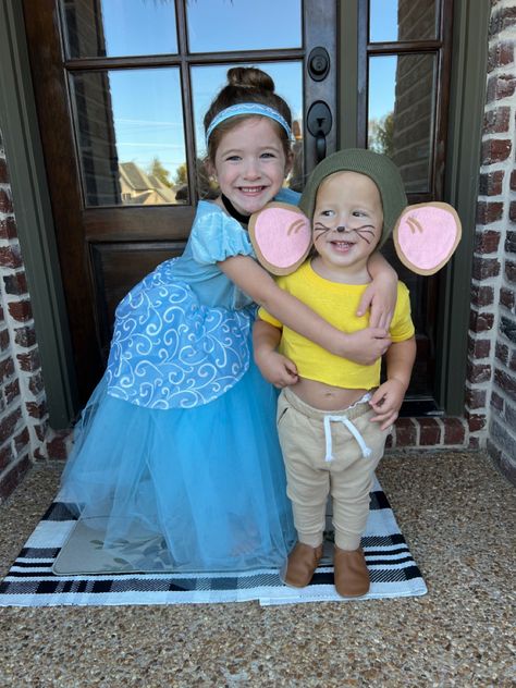 Bro And Sis Halloween Costumes, Brother And Sister Disney Costumes, Siblings Customes Halloween, Cinderella Sibling Costumes, Sibling Matching Halloween Costumes, Gus Gus Baby Costume, Cute Sibling Halloween Costumes, Big Sister And Little Brother Halloween Costume Ideas, Kids Brother And Sister Costumes