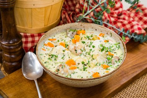 Recipe - Rocco DiSpirito - Chicken and Dumpling Soup - Home & Family | Hallmark Channel Chicken Dumplings Soup, Rocco Dispirito Recipes, Chicken And Dumpling Soup, Dumplings Soup, Rocco Dispirito, Dumpling Soup, Chicken Dumplings, Dumplings For Soup, Chicken And Dumplings