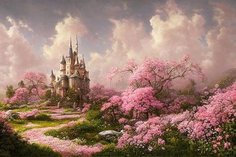 Fairy Tale Landscape, Pink Wallpaper Ipad, Castle Background, Robot Concept, Fantasy Stuff, Background Gold, Cute Laptop Wallpaper, Pastel Landscape, Flowers Illustration