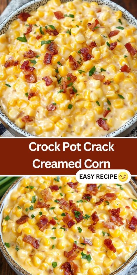 Try this easy Crock Pot Crack Creamed Corn recipe! Made with creamy cheddar cheese, ranch dressing mix, crispy bacon, and sweet corn, it’s the perfect side dish for any meal. Whether you’re hosting a holiday gathering or looking for a simple, flavorful addition to your dinner, this slow cooker recipe will quickly become a favorite. With minimal prep and a few hours in the crock pot, you’ll have a crowd-pleasing dish that’s great for potlucks, BBQs, or family dinners. Corn Side Dish Recipes Crock Pot, Cheesy Corn Casserole Crockpot, Crock Pot Mexican Corn, Crockpot Corn Souffle, Crockpot Christmas Potluck Recipes, Crockpot Dish For Potluck, Easy Crock Pot Vegetables, Corn Slow Cooker Recipes, Crockpot Cream Corn With Cream Cheese