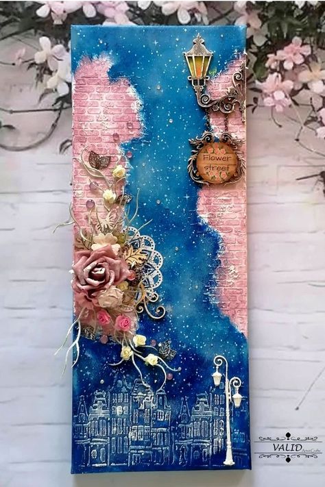 You can decorate your room with this beautiful "Flower street " mixed media painting on canvas. 3d Painting On Canvas Mixed Media, 3d Canvas Art Diy Mixed Media, 3d Mixed Media Art, Mix Media Canvas, 3d Painting On Canvas, Textured Paste, 3d Canvas Art, Mixed Media Painting On Canvas, Mixed Media Diy