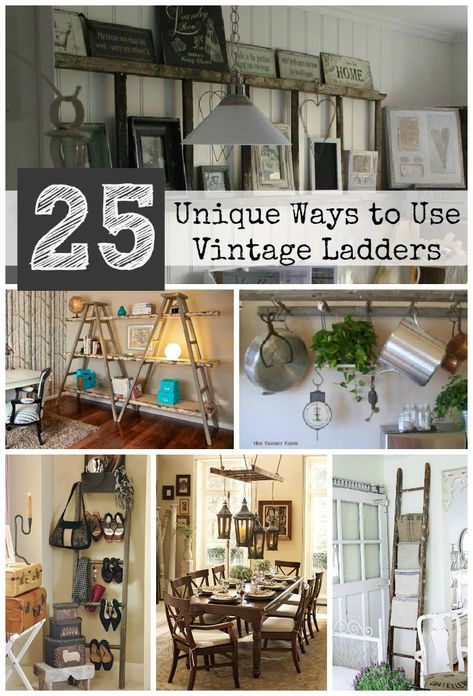 Old Ladders...unique ways to repurpose them in your home...great ideas on this site. Old Ladders Repurposed Display Ideas, Decorating With A Ladder, Ladders For Decoration Farmhouse Decor, Wooden Ladders Ideas Decor, Hanging Ladder Decor, Decorate A Ladder, Decorative Ladder Ideas, Vintage Ladder Decor, Wooden Ladders