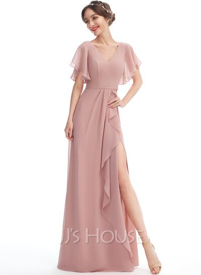 [£65.00] A-Line V-neck Floor-Length Bridesmaid Dress With Ruffle Split Front Taffeta Bridesmaid Dress, High Low Bridesmaid Dresses, Princess Bridesmaid Dress, Bridesmaid Dresses With Sleeves, Sleeveless Bridesmaid Dresses, Floor Length Chiffon Bridesmaid Dresses, Tulle Bridesmaid Dress, Ruffle Fabric, Bridesmaid Dresses Online