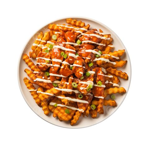 a platter of waffle fries loaded with savory buffalo chicken creating tantalizing fusion tastes bu Chicken Loaded Fries, Chicken Fast Food, Chicken Fries, Waffle Fries, Loaded Fries, Transparent Image, Buffalo Chicken, Fried Chicken, Waffles