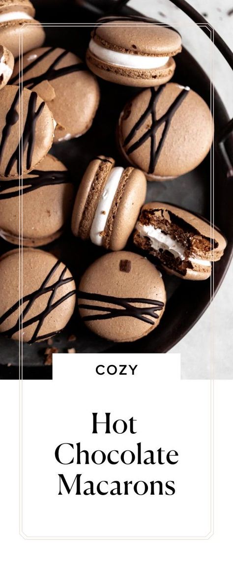 Macaroons Flavors Recipes, Pb&j Macarons, Macaron Recipe Christmas, Peppermint Macarons Recipe, S’mores Macarons, Christmas Macaroons Recipe, Christmas Maccarone Recipes, New Years Macarons, Hot Cocoa Macarons