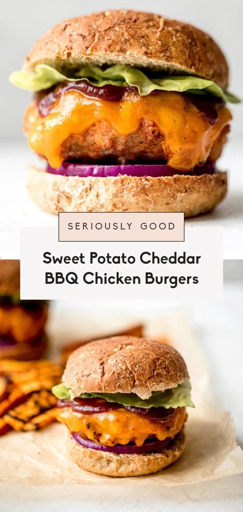 Seriously good BBQ chicken burgers with shredded sweet potato to keep them juicy. Top these incredible sweet potato chicken burgers with tangy, sweet BBQ sauce, sharp cheddar cheese, red onion and lettuce for the ultimate healthy grilled chicken burger recipe that's perfect for summer! #burger #chickenburger #chicken #healthydinner #bbq #grilling #potluck #fourthofjuly #memorialday #glutenfree Grilled Chicken Burger Recipe, Bbq Chicken Burgers, Grilled Sweet Potato Fries, Ambitious Kitchen Recipes, Shredded Sweet Potato, Low Sugar Bbq Sauce, Summer Burger, Grilled Chicken Burgers, Chicken Burger Recipe