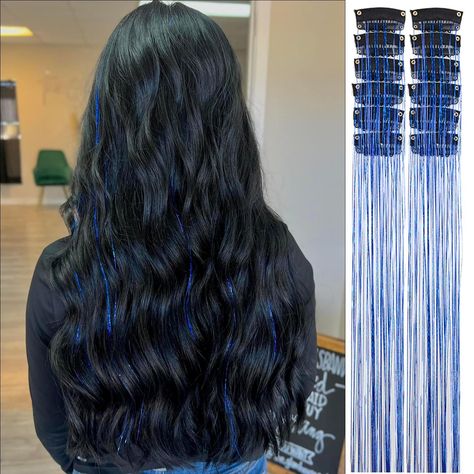 Glamorous Glitter Hair Ideas for a Sparkling Look Black Hair With Blue Tinsel, Cute Hair Tinsel Ideas, Hair Tinsel Brunette Curly, Hair With Glitter Extensions, Hair Extension Color Ideas, Blue Tinsel Hair, Black Hair With Tinsel, Tinsel Hair Extensions, Grey Brown Hair