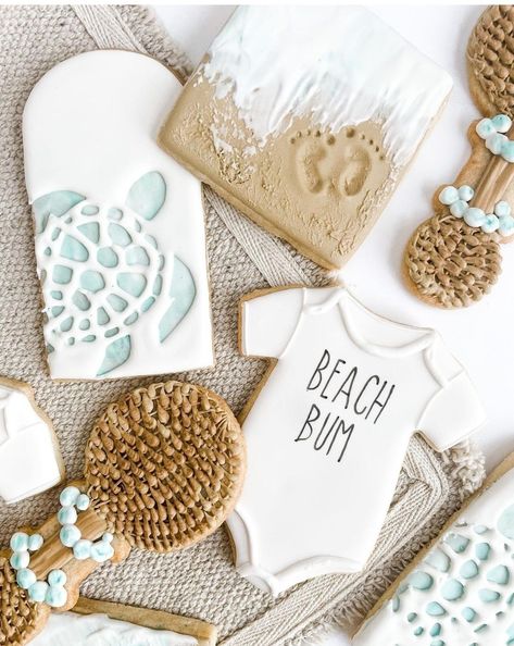 Beach Boy Baby Shower Theme, Beach Baby Shower Cookies, Baby On Board Cookies, Beach Cookies Decorated, Beach Party Food Ideas, Baby On Board Baby Shower Ideas, Turtle Baby Shower Cake, Beach Baby Shower Theme, Surfer Baby Shower