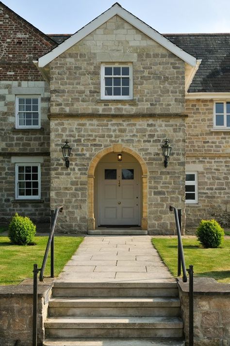 Entrance and path to stone walled house Stone Entryway Exterior, Entryway Exterior, Stone Entrance, Wall Architecture, Stone Entryway, Stone Feature Wall, Restored Farmhouse, Cattle Barn, Barn Conversions