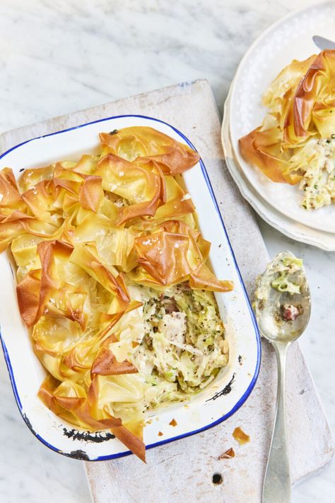 Chicken, Leek, and Bacon Filo Pie - Maldon Salt Filo Chicken Pie, Chicken Bacon And Leek Pie, Chicken Filo Pie, Chicken Leek And Bacon Pie, Chicken And Bacon Pie, Leek Pie Recipes, Chicken Leek Pie, Farm Meals, Roast Chicken Seasoning