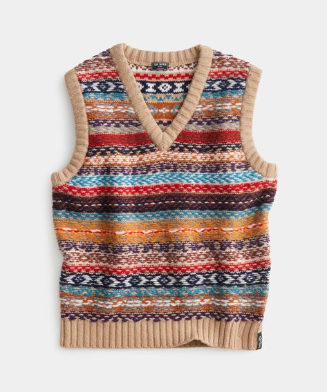 Reversed Fair Isle V-neck Vest in Desert Canyon Fair Isle Vest, Desert Canyon, Todd Snyder, Fair Isle Pattern, Fair Isle Sweater, Holiday Sweater, Tailored Suits, Sweater Fashion, Fair Isle